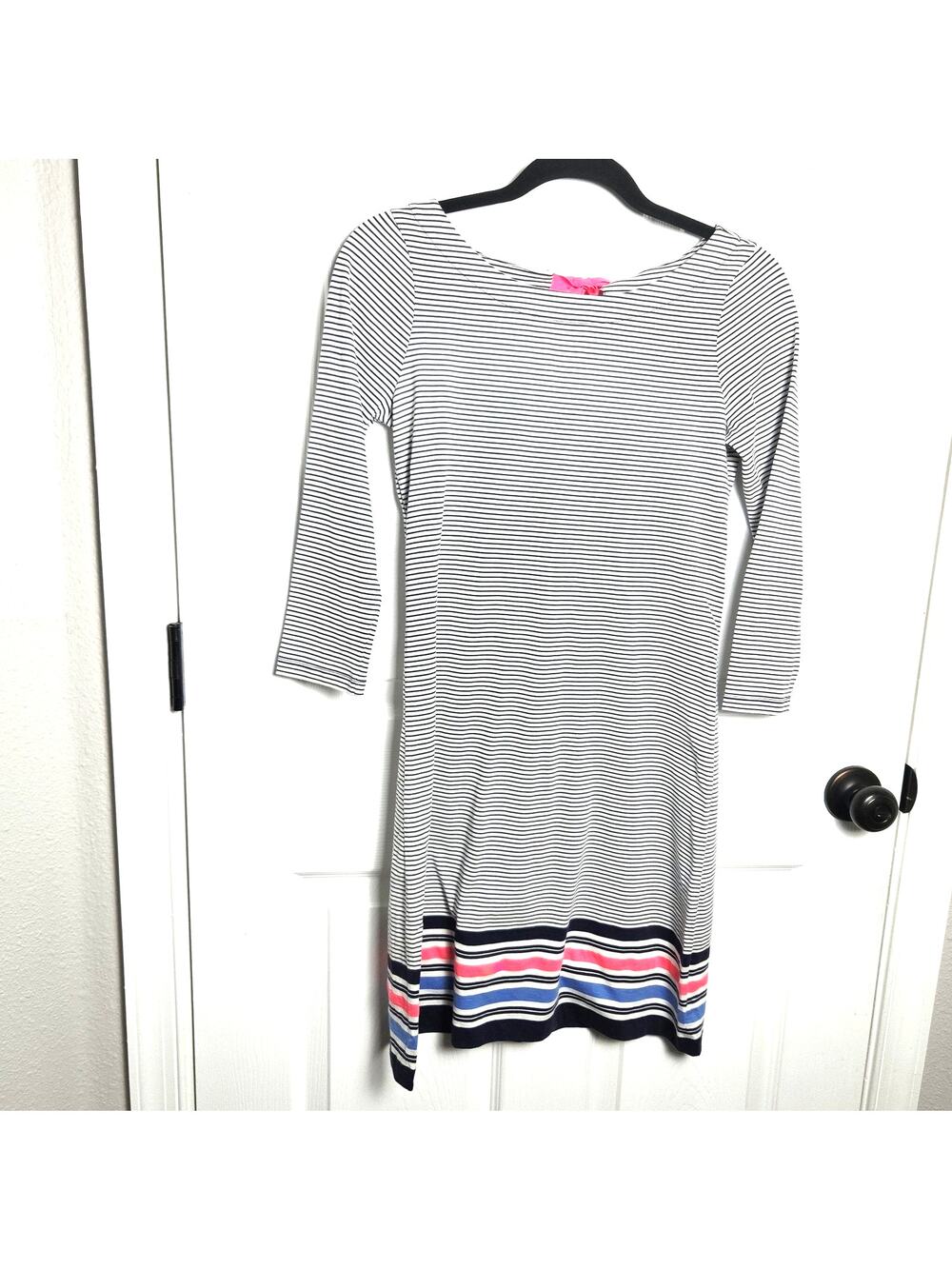 Lilly Pulitzer Dress XS Navy Stripe Noelle Shift Pima Cotton Bow 3/4 Sleeve NEW
